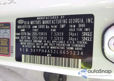 2020 Kia Sorento 3.3L Ex from USA, damaged, VIN 5XYPH4A52LG651234